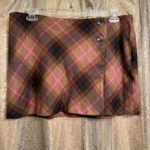 Aeropostale Brown Pink Plaid Mid-Rise Wrap Mini Skirt XL NWT